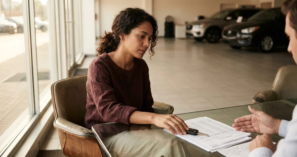 Duas cadeiras diante da mesa de um vendedor de concessionária, com a atenção dele voltada para apenas um lado