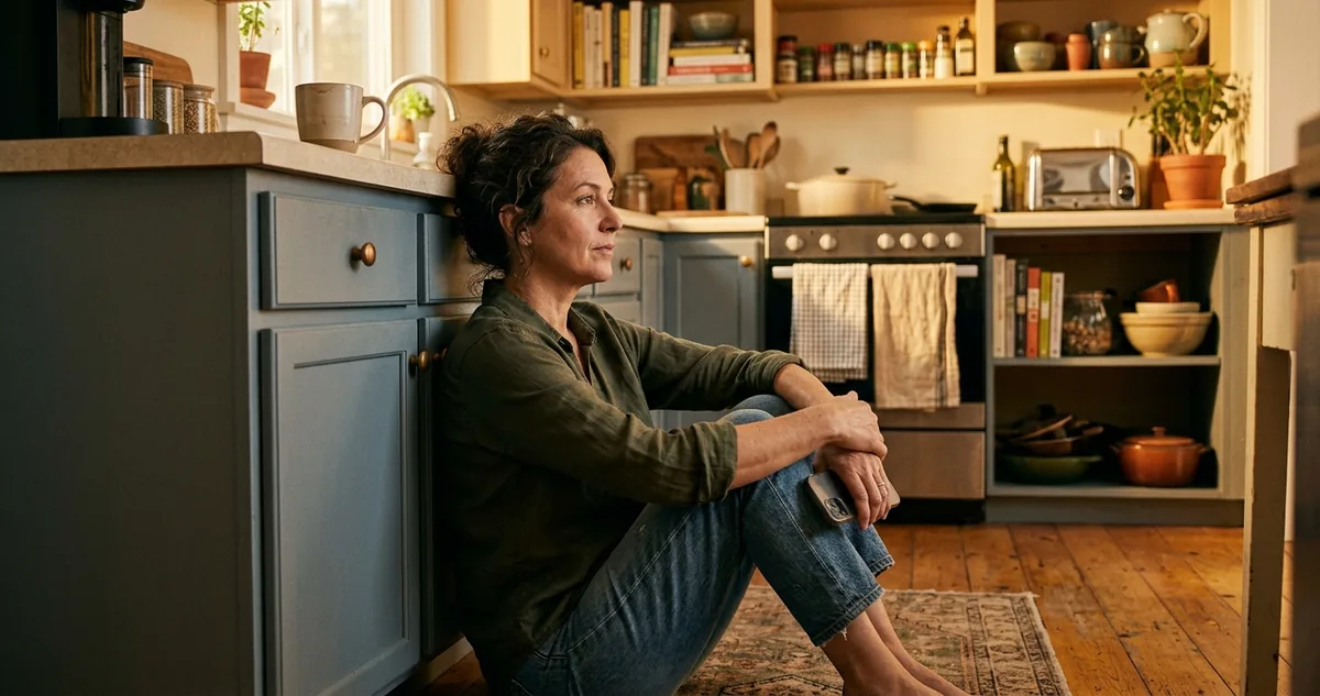 Mulher sozinha na mesa da cozinha de manhã, celular na mão com a conversa do grupo aberta