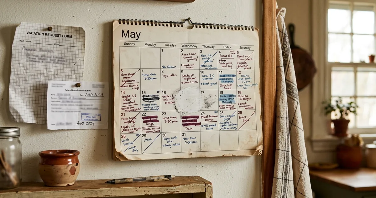 Formulário de férias na mesa da cozinha com um quadradinho marcado, ao lado de um calendário pintado de vermelho e do recibo da matrícula escolar