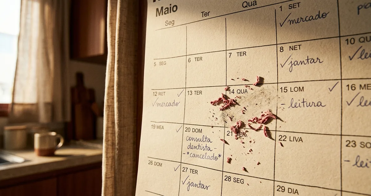 Mãos de mulher segurando um cartão de agendamento ao lado de um calendário de parede cheio de anotações da família