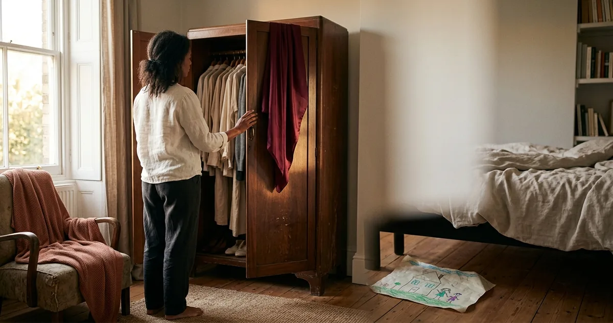 Guarda-roupa aberto com roupas em bege e cinza e um lenço vermelho pendurado na porta