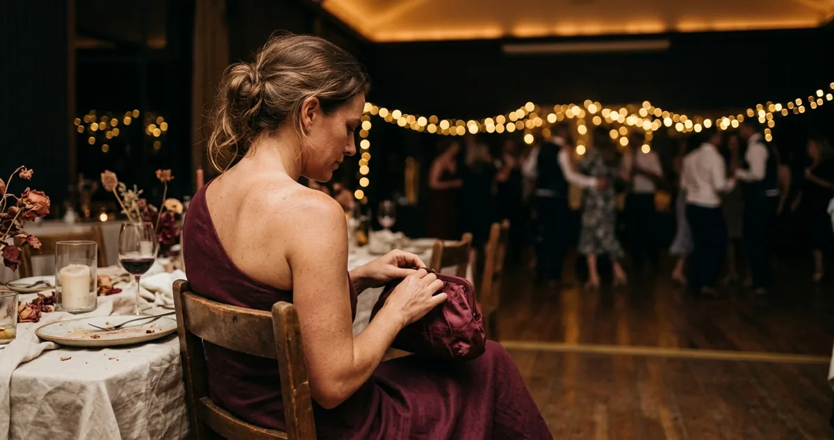 Bolsa pequena cor de vinho numa cadeira vazia, com a pista de dança desfocada ao fundo