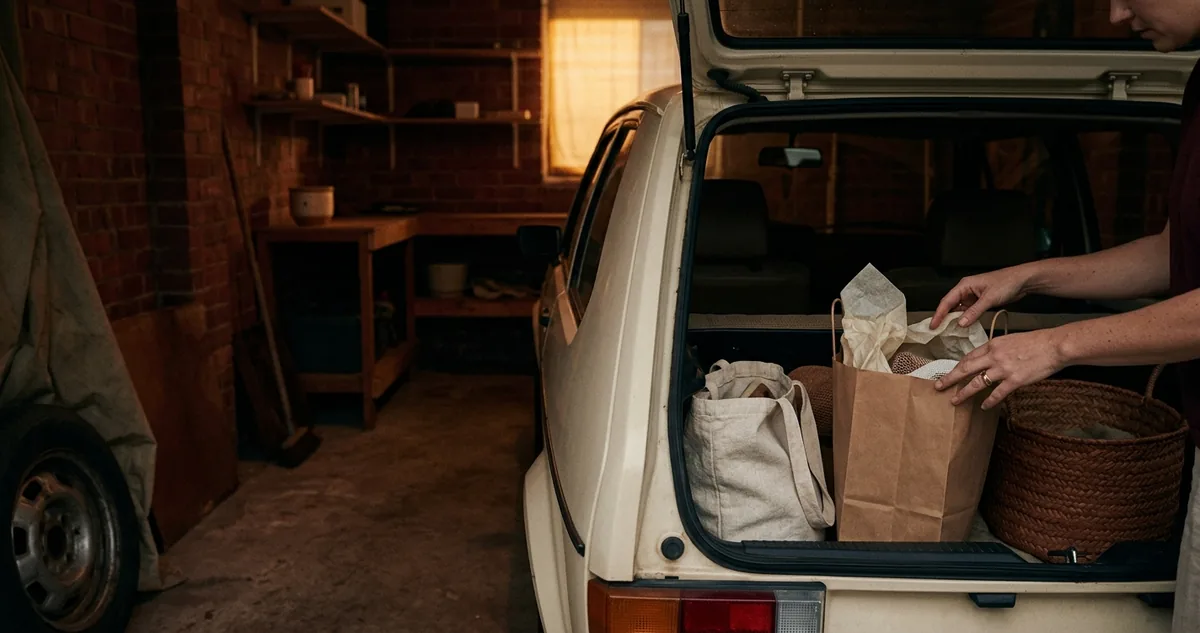 Sacola de papel pardo sozinha no porta-malas aberto de um carro, numa garagem ao entardecer