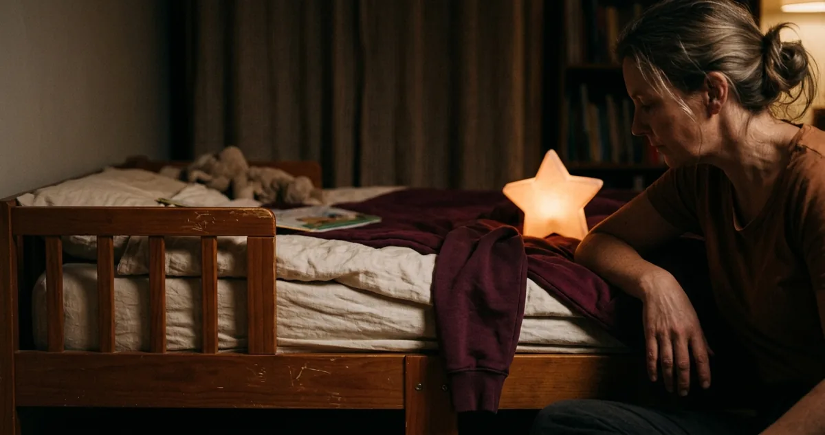 Beirada de uma cama infantil de madeira, com um abajur de estrela aceso