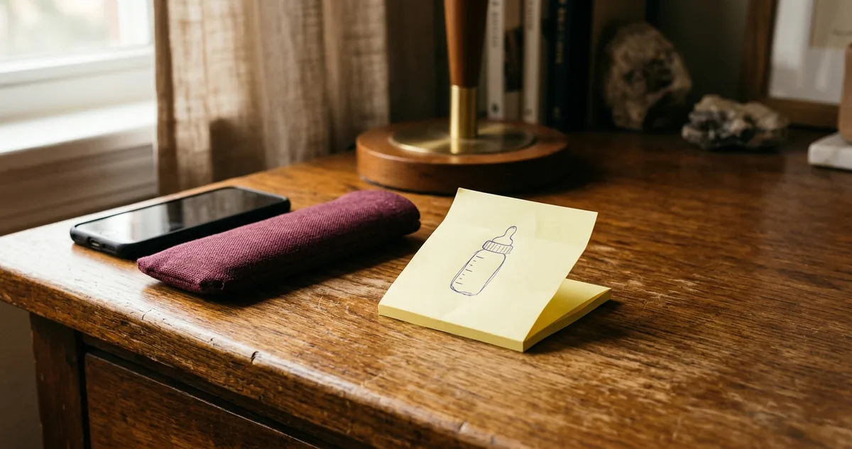 Bilhete adesivo amarelo dobrado sobre uma mesa de escritório ao lado de um celular