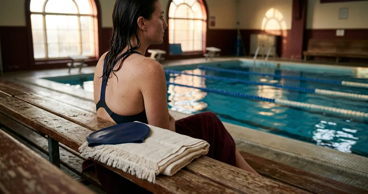 Arquibancada vazia diante de uma piscina com raias azuis