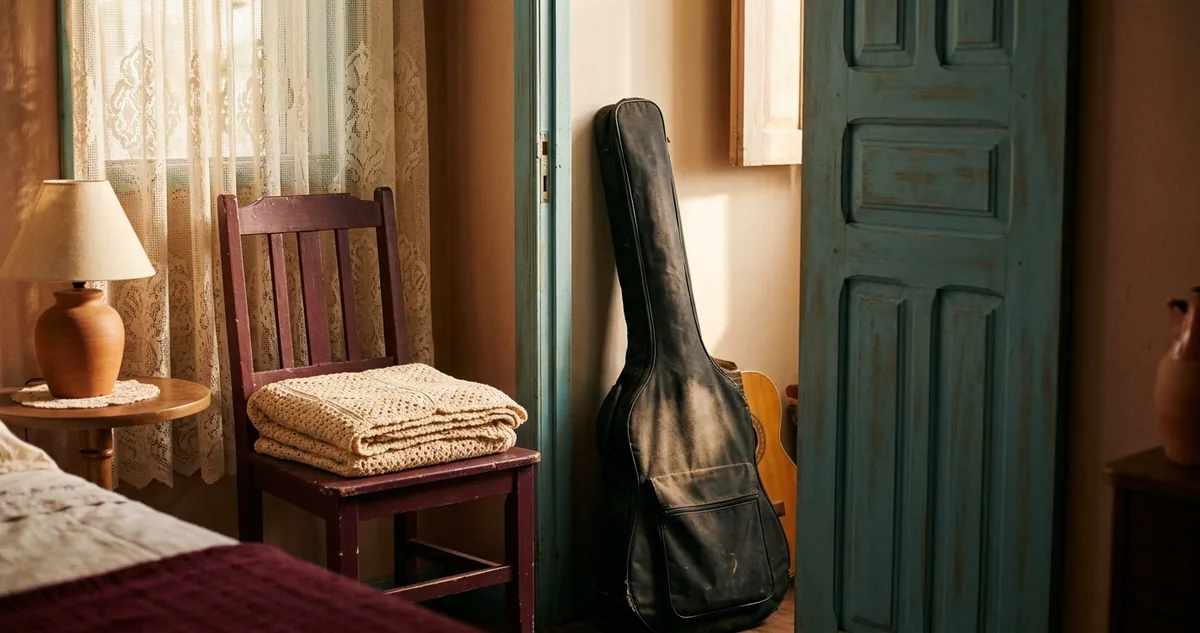 Violão numa capa preta encostado atrás de uma porta de madeira