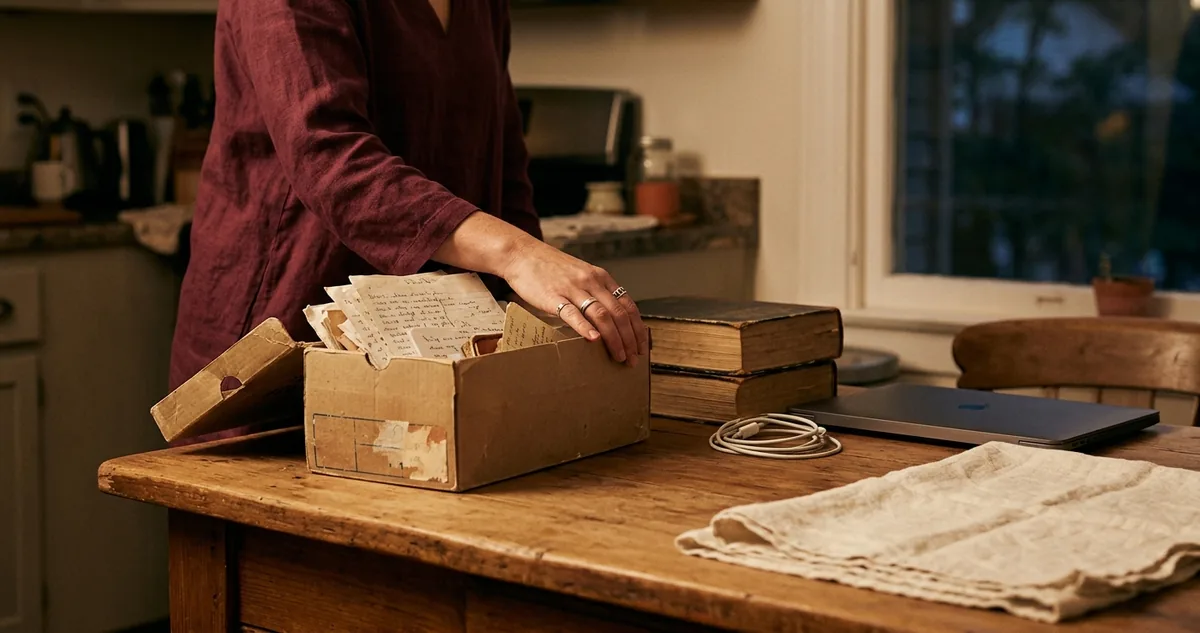Notebook fechado e caixa de papéis numa mesa de cozinha