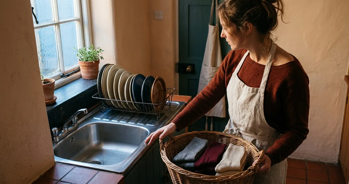 Pia vazia e escorredor cheio numa cozinha ao amanhecer
