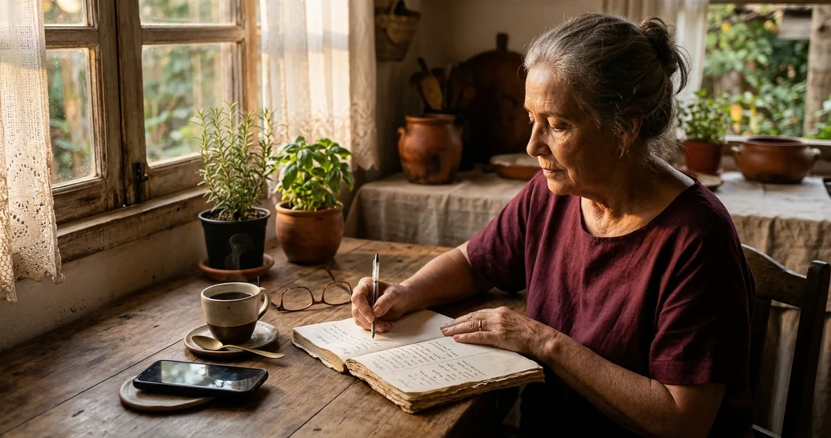 Caderno aberto com três colunas sobre a mesa da cozinha ao lado de um celular