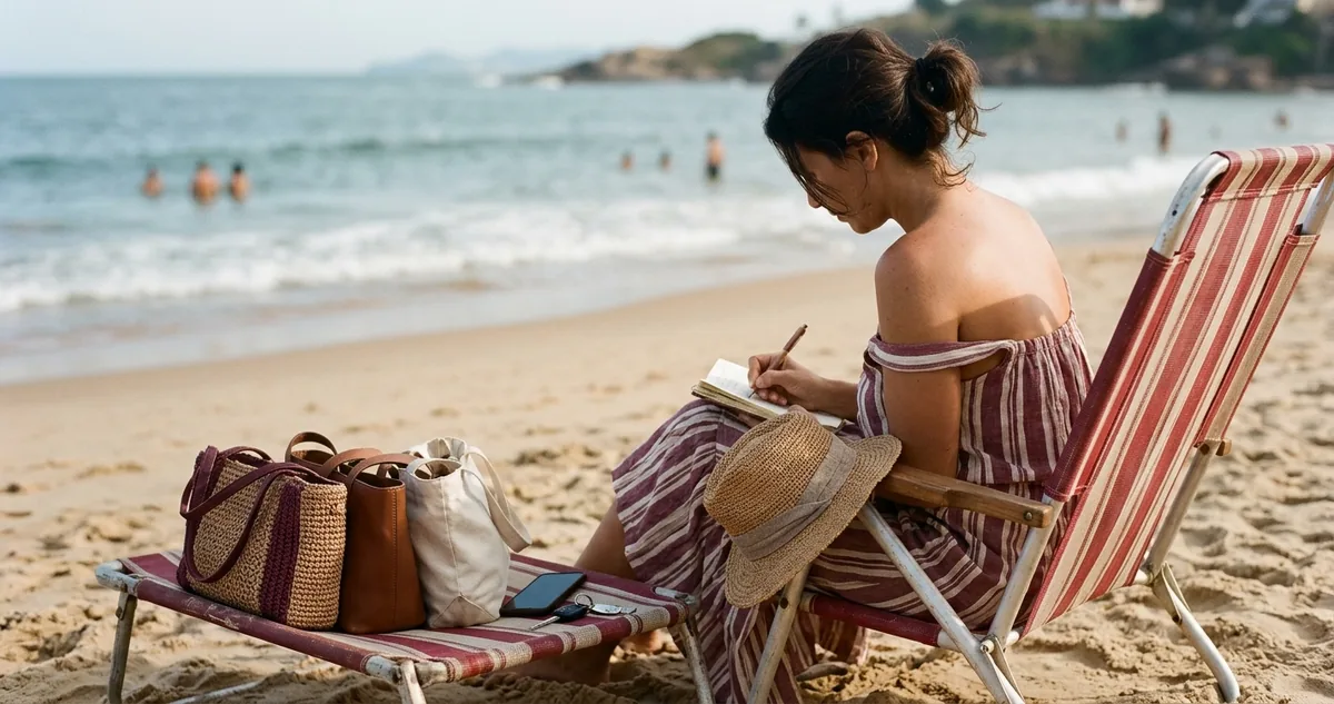 Cadeira de praia listrada com bolsas e celulares na areia de Guarapari