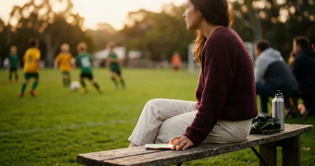 Celular sobre o banco de madeira ao lado de um campo de futebol infantil