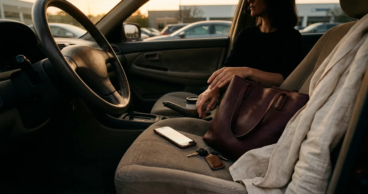 Celular aceso no banco de um carro estacionado ao entardecer