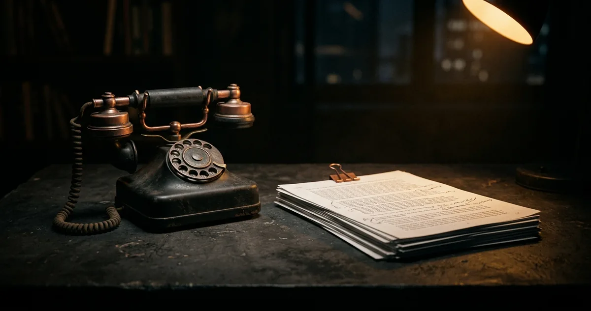 Um telefone antigo ao lado de uma pilha de provas impressas sobre mesa escura, luz baixa de plantão, sem pessoas.