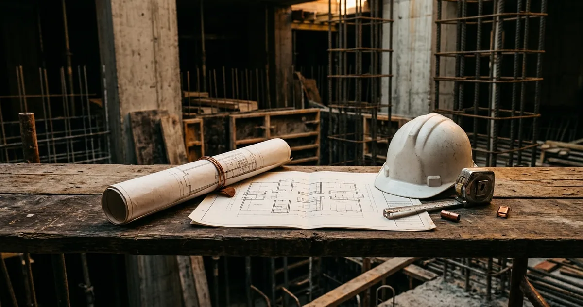 Uma prancheta com planta de obra sobre andaime, capacete e trena ao lado, estrutura de concreto ao fundo, sem pessoas.