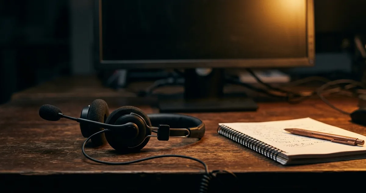 Headset apoiado sobre mesa de operação vazia, monitor apagado ao fundo, sem pessoas.