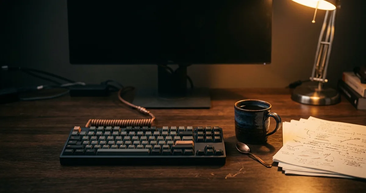 Mesa de suporte vazia com teclado, caneca fria e monitor apagado, sem pessoas.