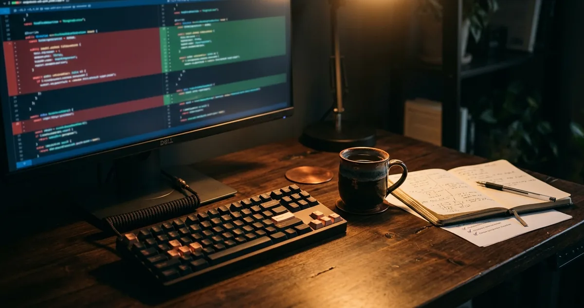 Mesa de trabalho com monitor exibindo diferença de código lado a lado, caderno de anotações e caneca, sem pessoas.