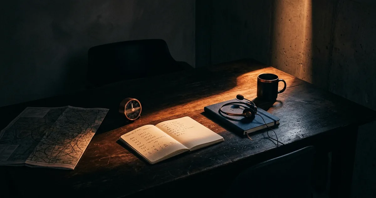 Mesa de professor com fone com microfone, caderno de anotações de pronúncia, cronômetro e caneca, sem pessoas.