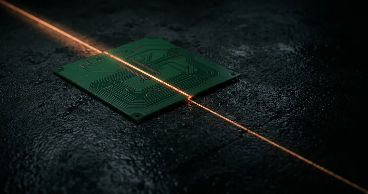 Mãos de luvas colocando uma placa de circuito verde, ainda sem componentes, na entrada de uma esteira de montagem automatizada.