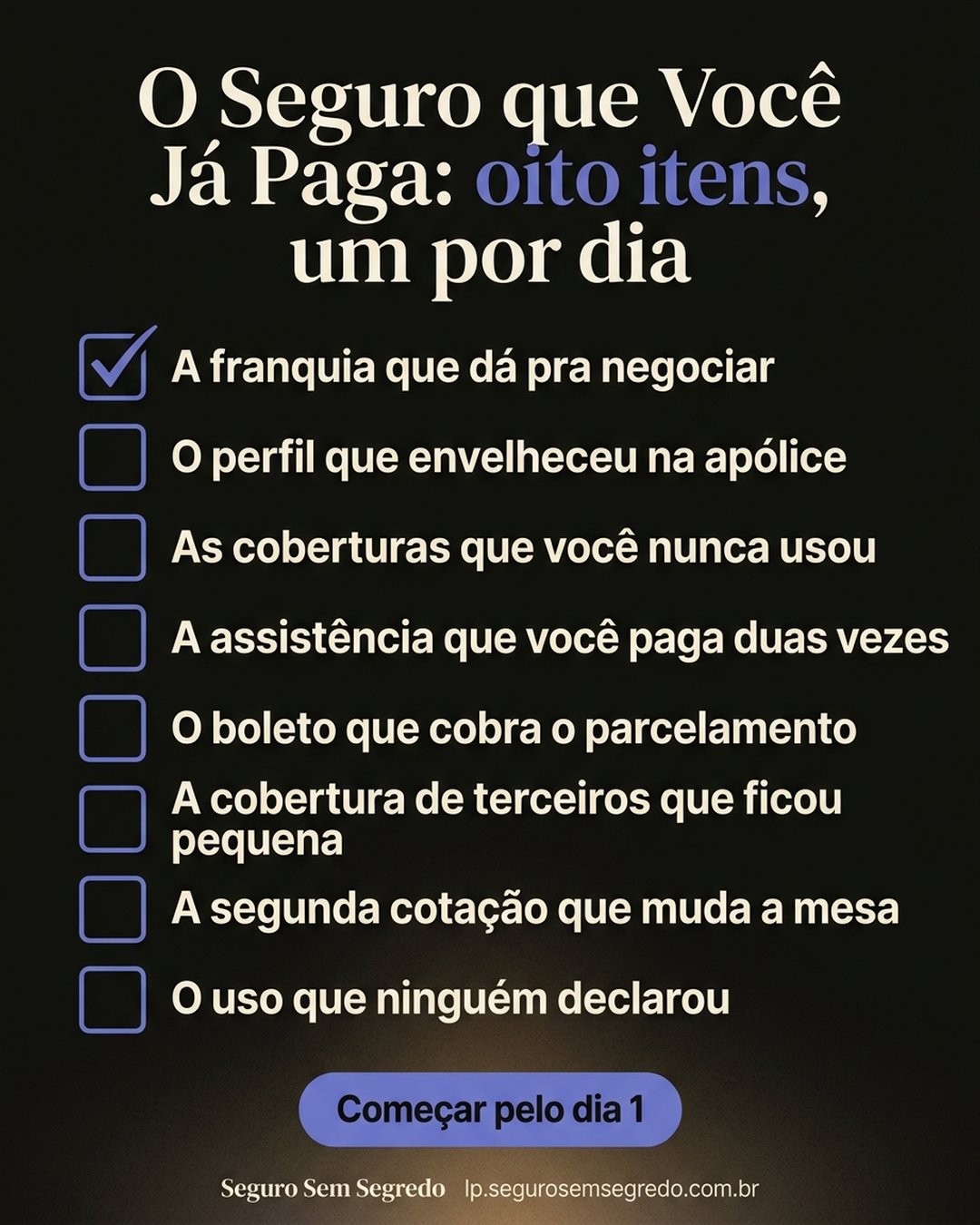 O Seguro que Você Já Paga: oito itens, um por dia: A franquia que dá pra negociar, O perfil que envelheceu na apólice, As coberturas que você nunca usou, A assistência que você paga duas vezes, O boleto que cobra o parcelamento, A cobertura de terceiros que ficou pequena, A segunda cotação que muda a mesa, O uso que ninguém declarou. Começar pelo dia 1.