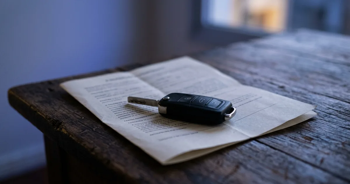 Uma chave de carro preta pousada sobre um contrato de financiamento dobrado, numa mesa de madeira escura, no fim da tarde.