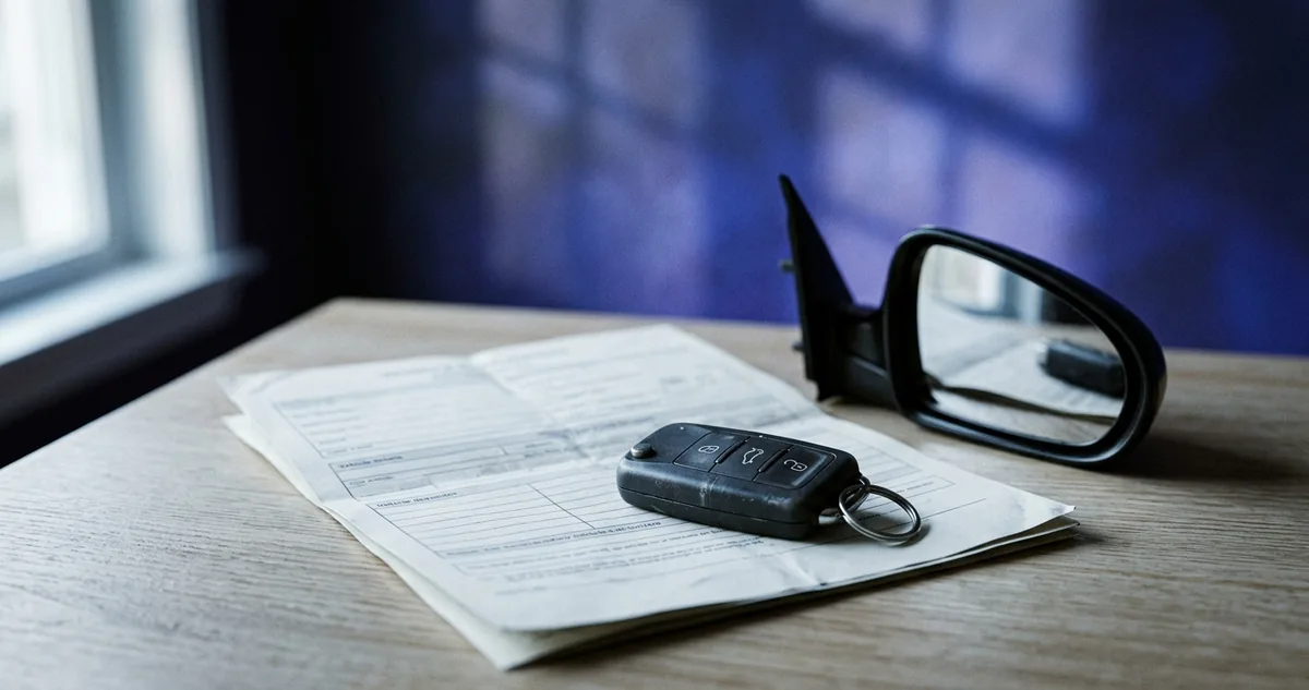 Uma chave de carro com controle pousada sobre um documento de veículo dobrado e um retrovisor solto, numa mesa clara.