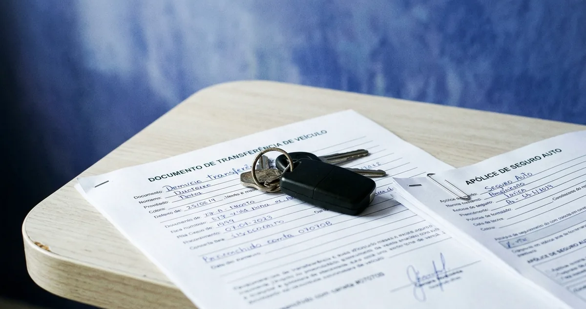 Um molho de chaves de carro pousado sobre um documento de transferência de veículo preenchido, ao lado de uma apólice dobrada.