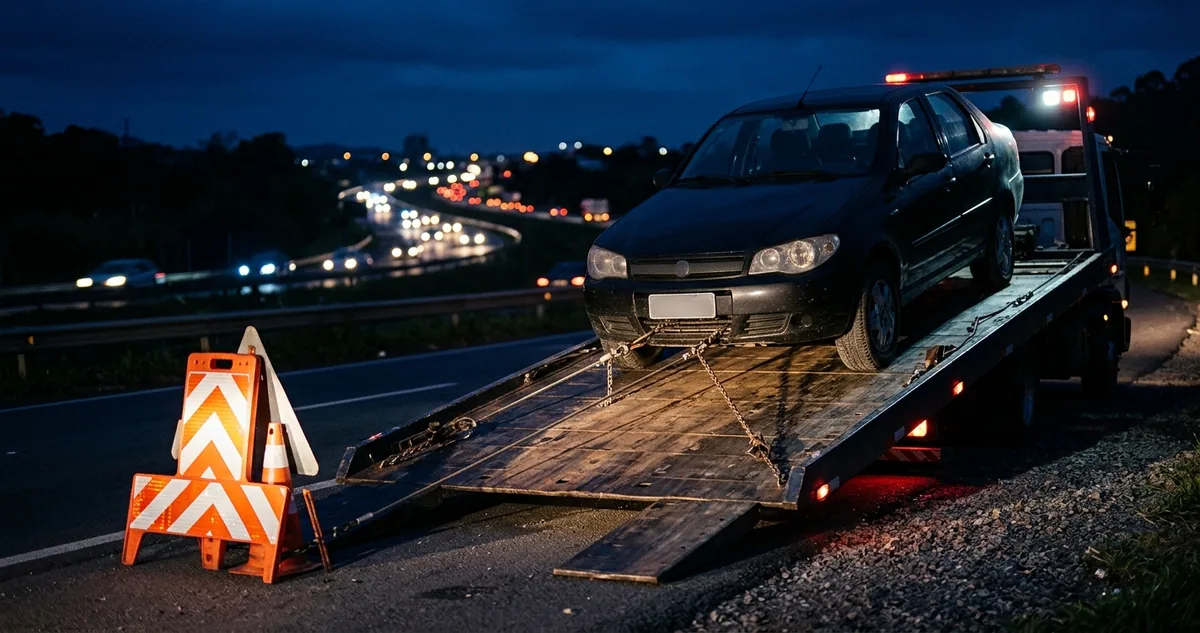 Um carro de passeio preso sobre a plataforma de um guincho no acostamento de uma rodovia, à noite.