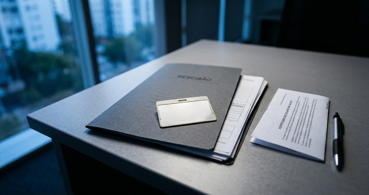Um crachá corporativo pousado sobre a pasta de documentos da rescisão, ao lado do certificado do seguro em grupo.