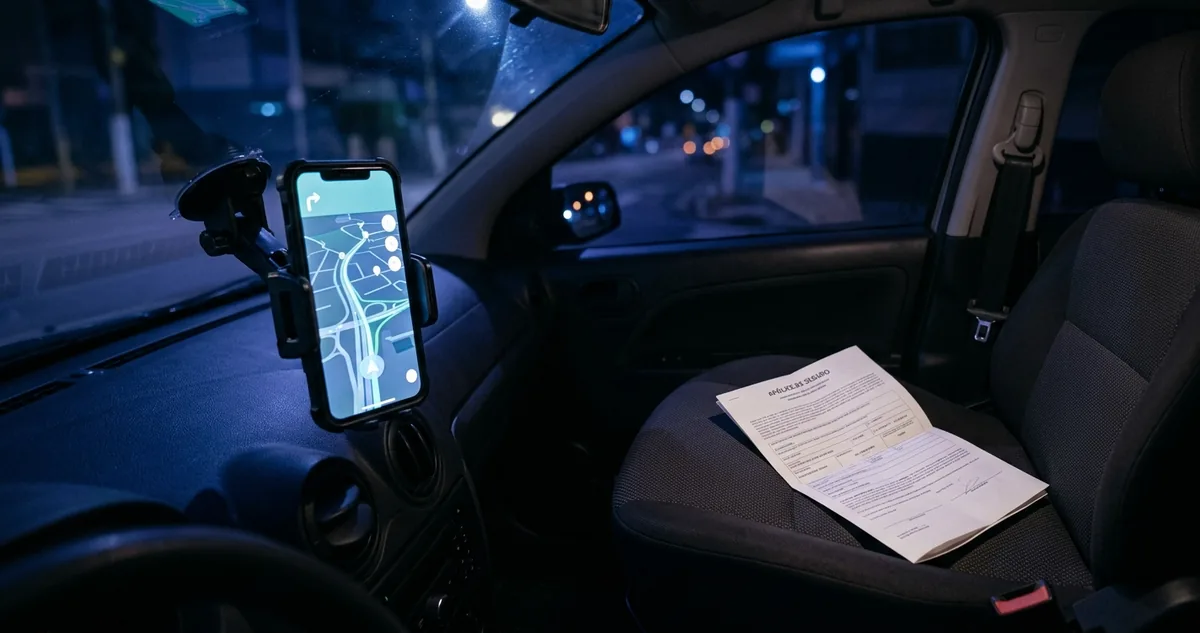 Um celular preso ao para-brisa com uma corrida ativa, ao lado da apólice do carro no banco do passageiro.