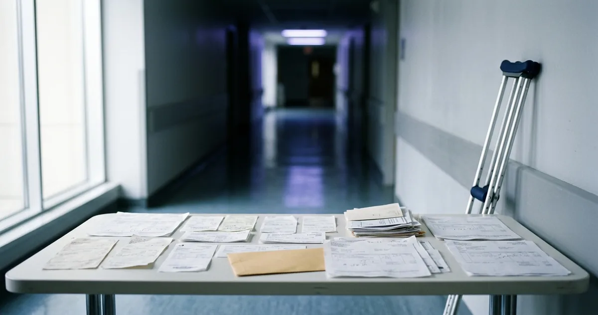 Notas fiscais e recibos hospitalares sobre a mesa, ao lado de muletas encostadas na parede.