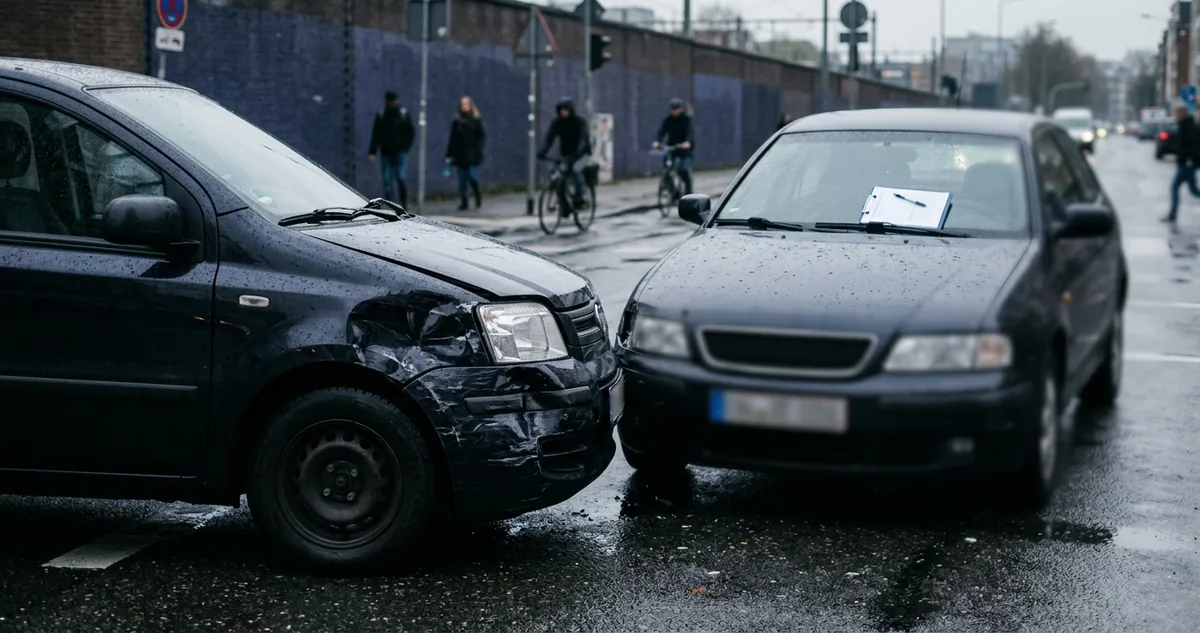 Dois carros parados encostados pelo para-choque numa avenida, com a lataria amassada em primeiro plano.
