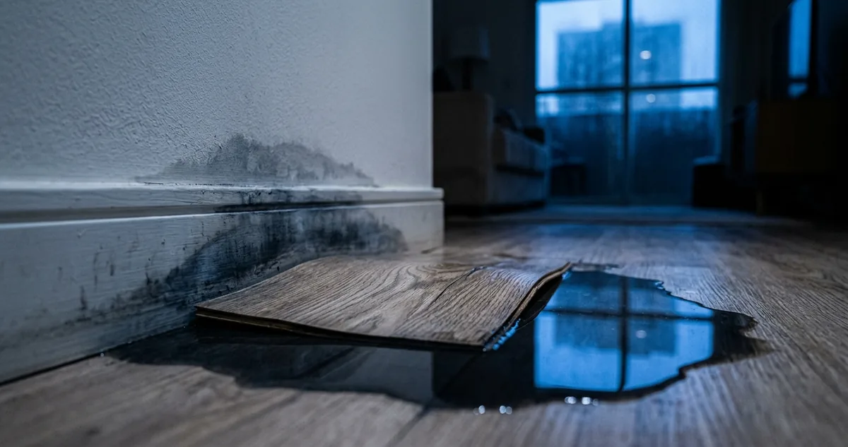 Marca de água a trinta centímetros do rodapé de uma sala, com piso laminado estufado e poça rasa.