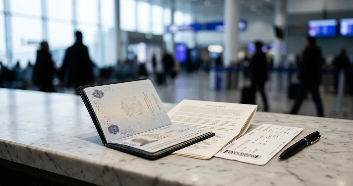 Passaporte aberto sobre um balcão claro com uma apólice impressa dobrada e um cartão de embarque ao lado.