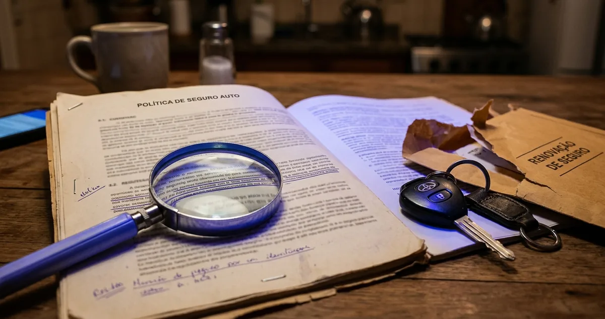 Carta de recusa de sinistro sobre a mesa, com relógio pequeno e caneta sobre a data impressa.