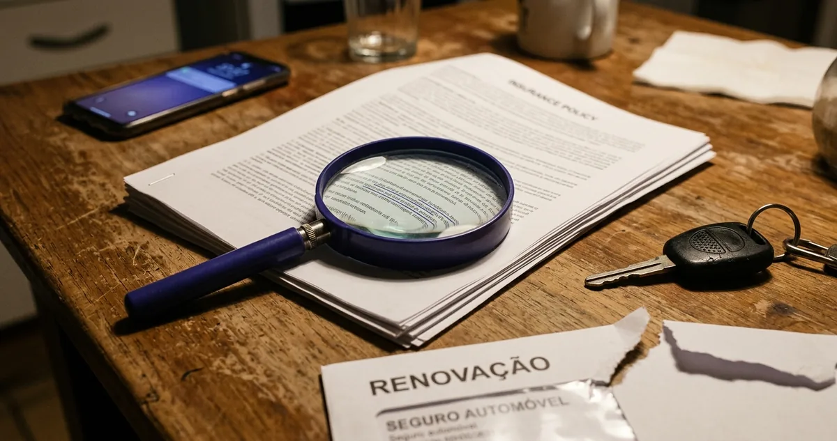 Apólice coletiva do condomínio aberta sobre a mesa do salão de festas, ao lado da planta baixa do edifício com as áreas comuns marcadas.