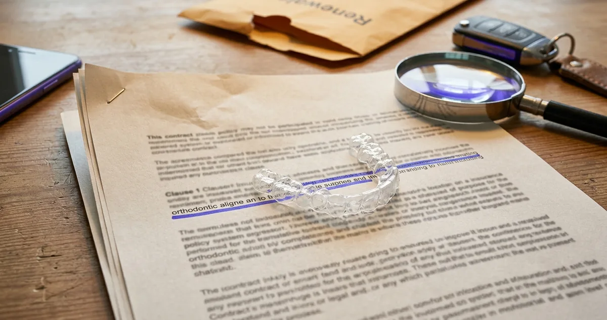 Aparelho ortodôntico transparente sobre a bandeja de um consultório odontológico.