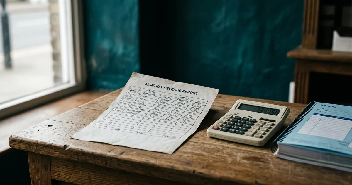 Relatório mensal de receitas preenchido à mão sobre o balcão, ao lado de uma calculadora e de um bloco de notas fiscais, sem pessoas.