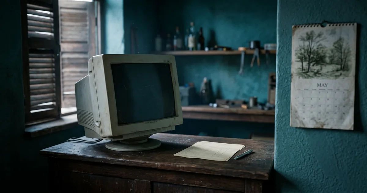 Tela de computador antigo sobre o balcão de uma loja fechada, com um formulário aberto e um calendário de parede marcando o fim de maio, sem pessoas.