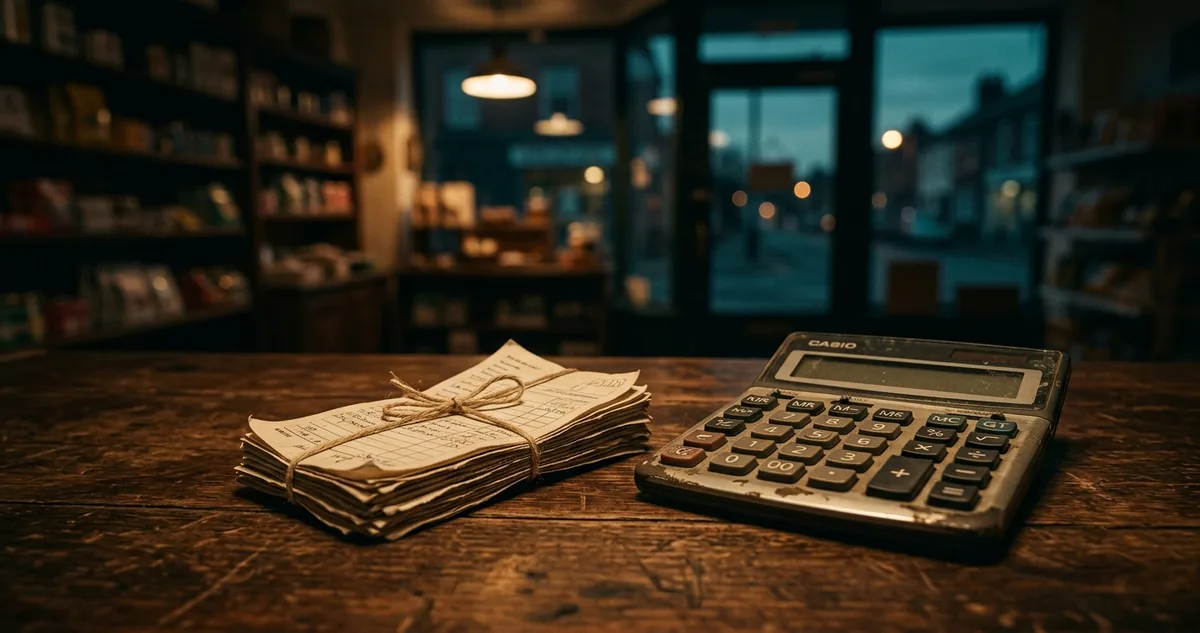 Balcão de loja pequena fechada ao entardecer, pilha de guias de pagamento e uma calculadora sobre a bancada, sem pessoas.