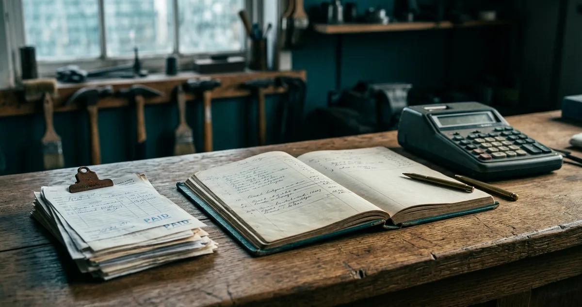 Balcão de uma pequena oficina com caderno de anotações aberto, calculadora e uma pilha de guias pagas, sem pessoas.