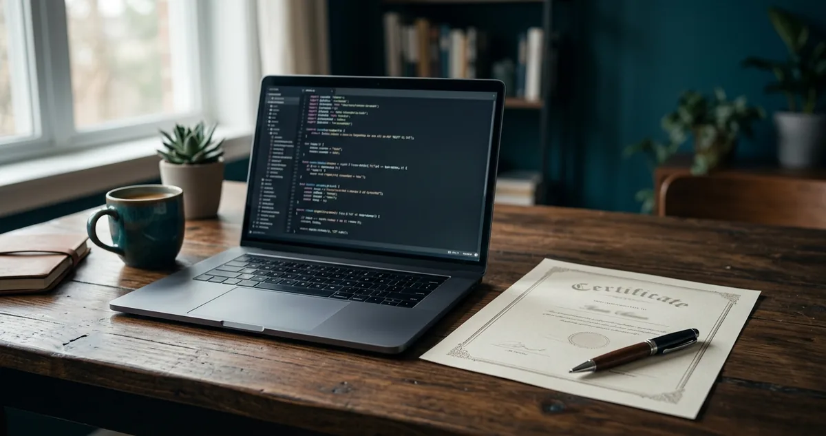 Mesa de escritório com certificado impresso, caneta e notebook aberto numa lista de códigos, sem pessoas.