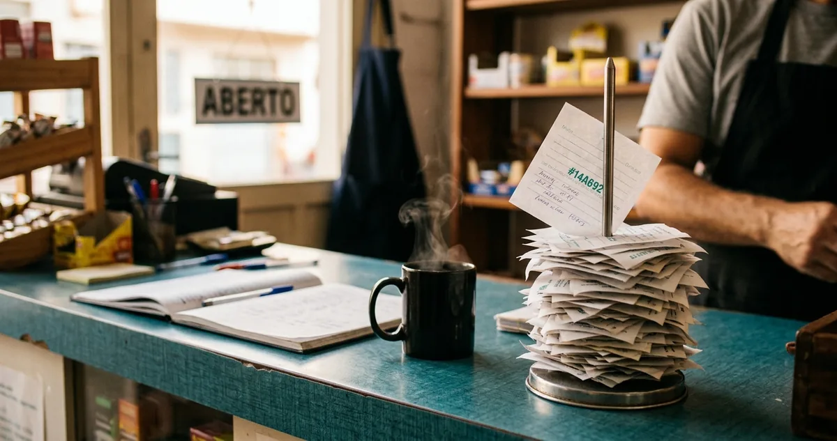 Balcão de comércio com certificado impresso, caneta e caderno de movimento aberto, sem pessoas.