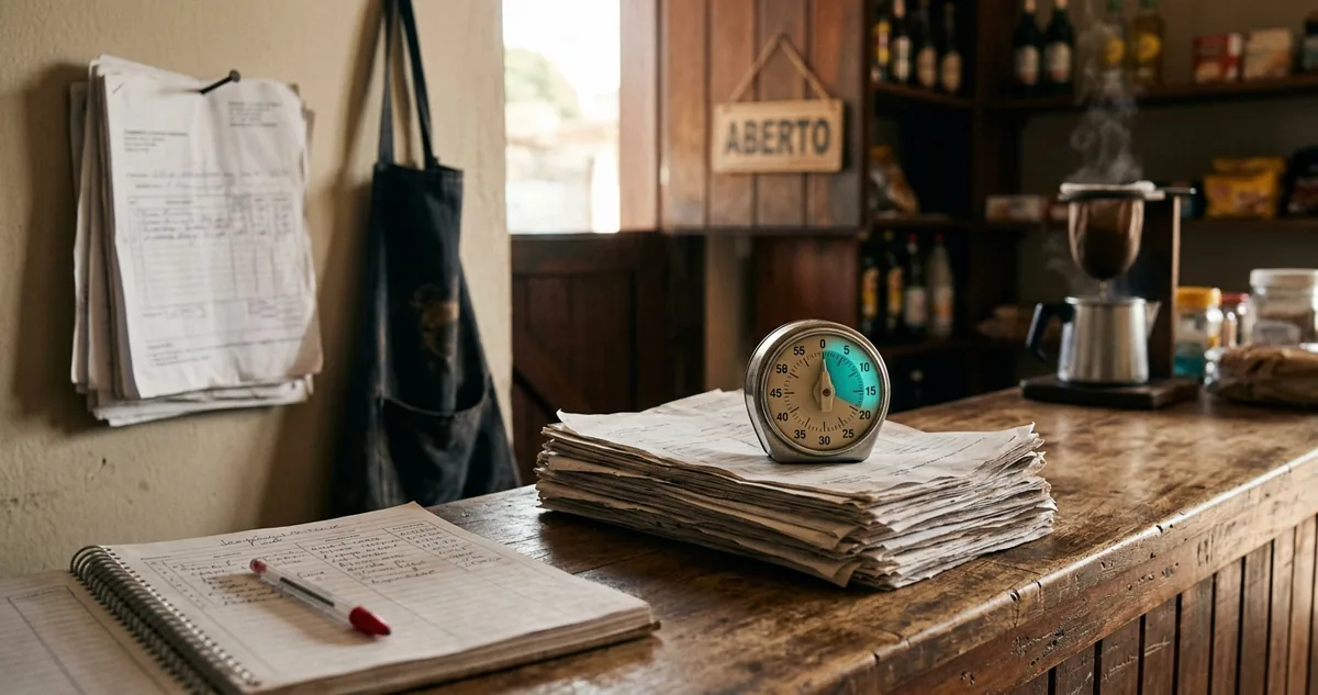 Balcão de fórmica com envelope pardo, calculadora e carteira de trabalho fechada ao lado de um caderno de movimento, sem pessoas.