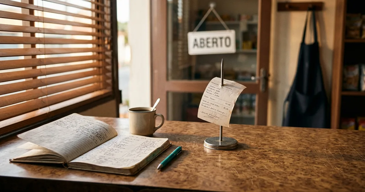 Balcão com caixa de papelão fechada, etiqueta de postagem e celular apoiado, sem pessoas.