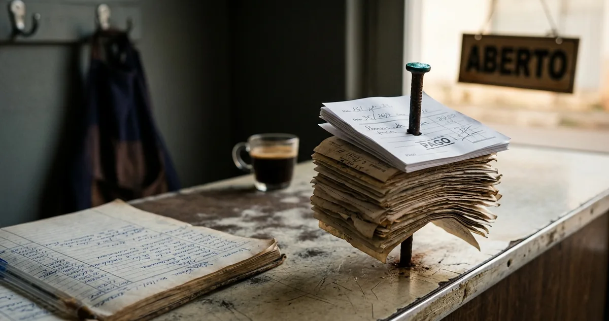 Balcão de comércio com caderno de movimento aberto, comprovante de DAS preso no prego e caneta, sem pessoas.