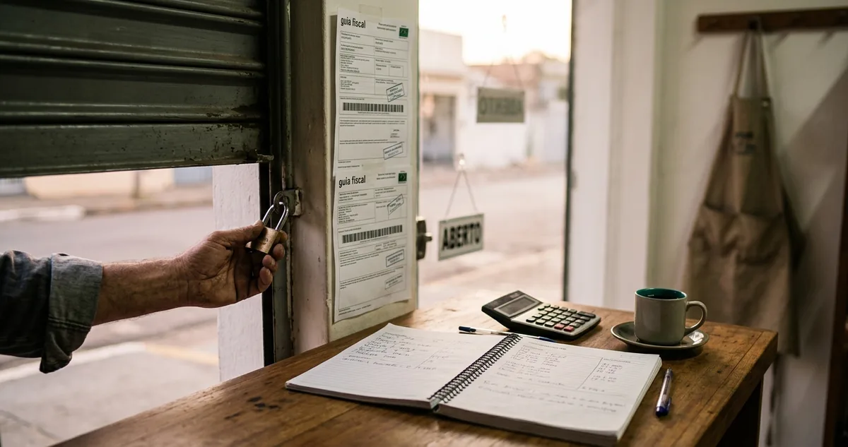 Balcão de comércio fechado com caderno de movimento empoeirado e comprovante de DAS preso no prego, sem pessoas