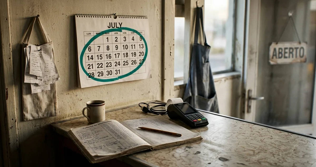 Calendário de parede com julho circulado ao lado de maquininha de cartão e caderno de vendas, sem pessoas