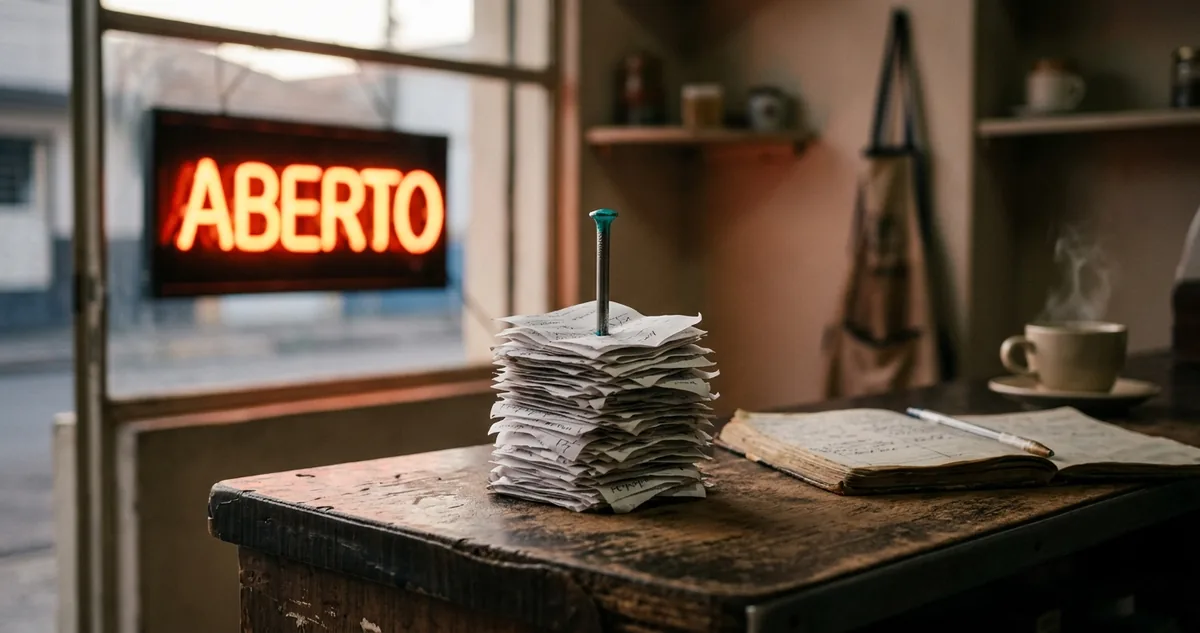 Carteira de trabalho azul aberta sobre mesa de escritório ao lado de crachá funcional e calculadora, sem pessoas